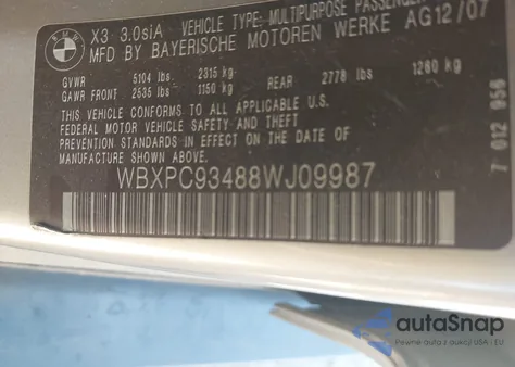 2008 BMW X3 3.0Si from USA, damaged, VIN WBXPC93488WJ09987